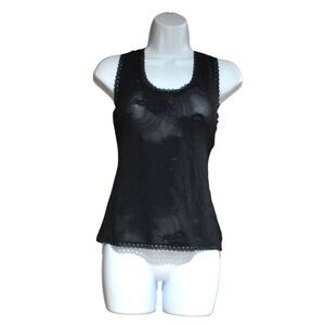 Womens Black Tank Top Size 2 Small Floral Sheer Mesh Sleeveless Blouse